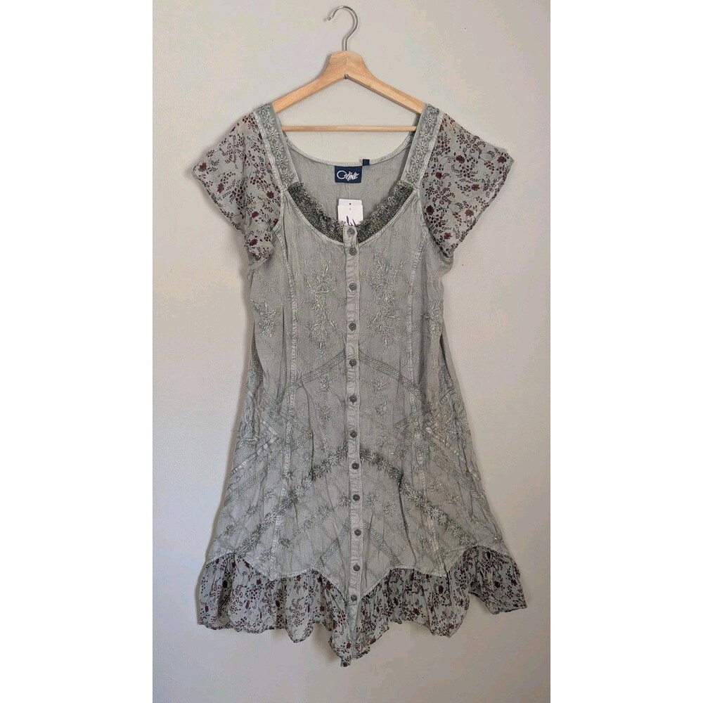 NWT Embroidered Beaded Boho Hippie Festival Midi Dress Tie Back Rayon Sage XL